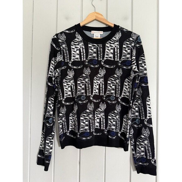 Paul & Joe Sister Sweater 3 L Large Cat Intarsia Black Blue Crew Neck L/S - Picture 1 of 6